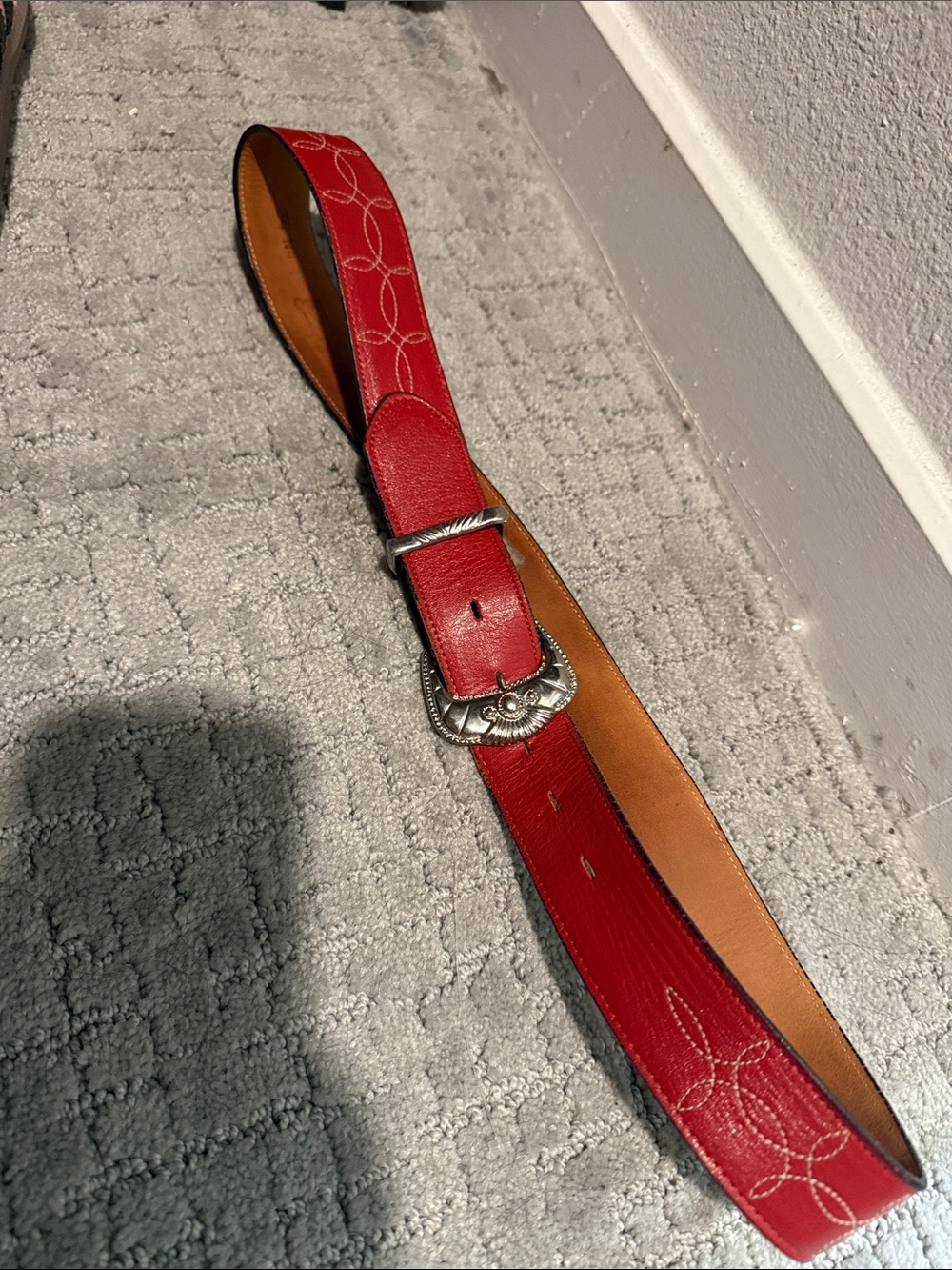 Justin Boots Red Leather Belt with Decorative Silver-Tone Buckle